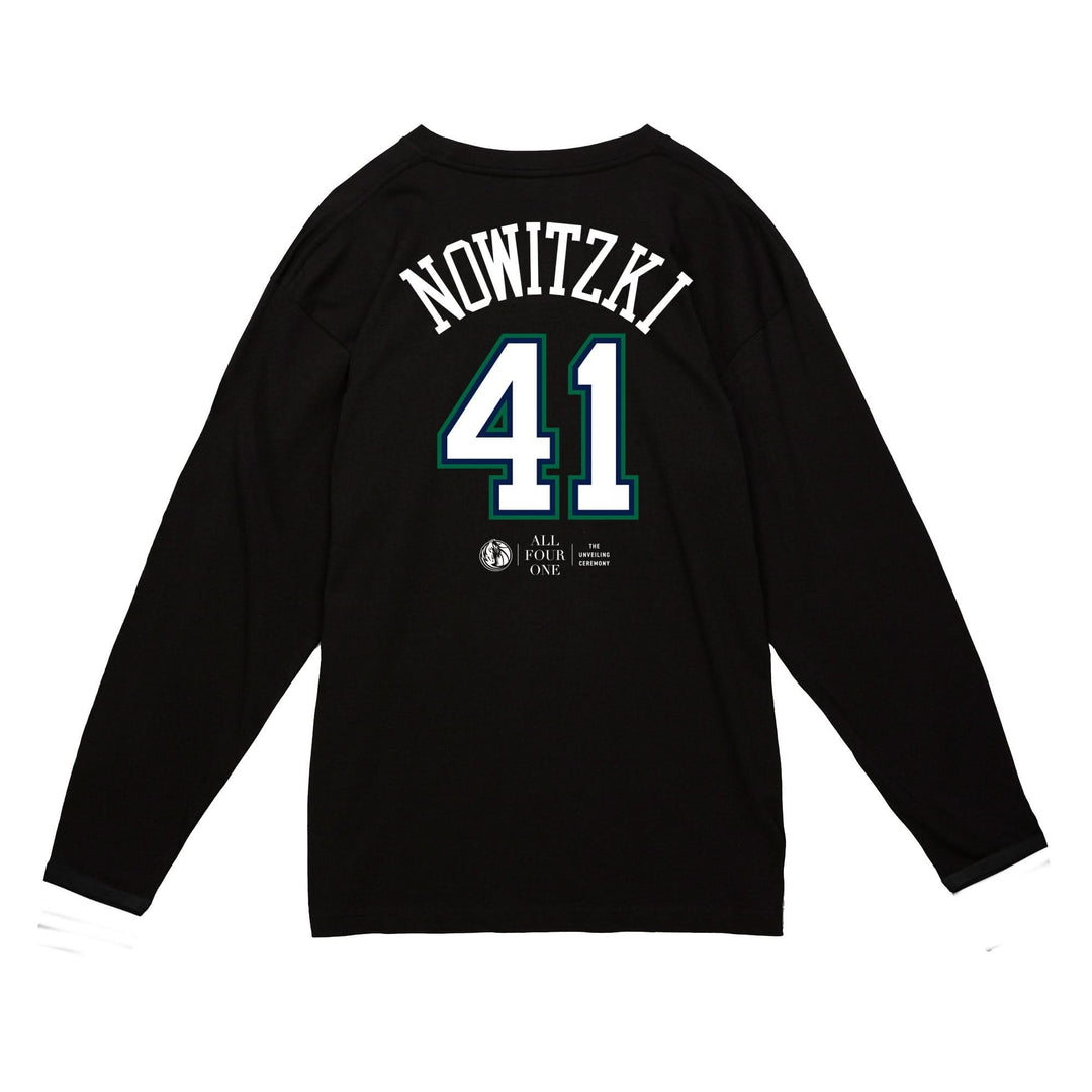 DALLAS MAVERICKS MITCHELL & NESS 2022 ALL FOUR ONE DIRK NOWITZKI NAME & NUMBER LONGSLEEVE TEE
