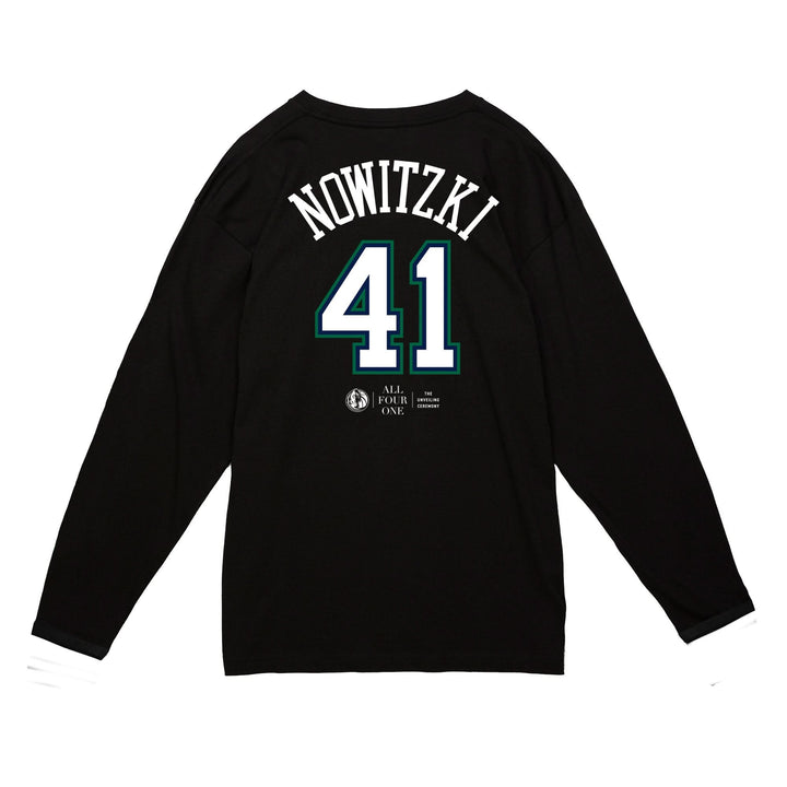 DALLAS MAVERICKS MITCHELL & NESS 2022 ALL FOUR ONE DIRK NOWITZKI NAME & NUMBER LONGSLEEVE TEE