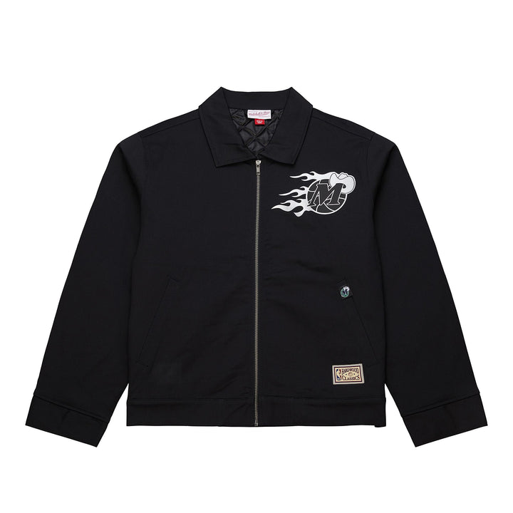 A black workman jacket with the Dallas Mavericks logo on the left chest area.