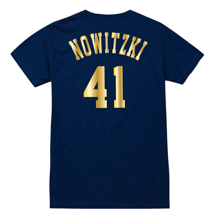 DALLAS MAVERICKS MITCHELL & NESS WOMEN'S DIRK NOWITZKI GOLD NAME & NUMBER TEE